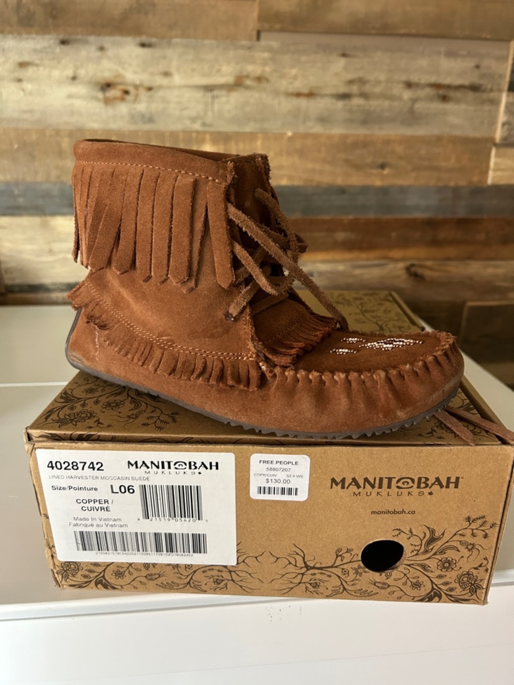 Manitobah Copper Suede Fringe Moccasin - Women's